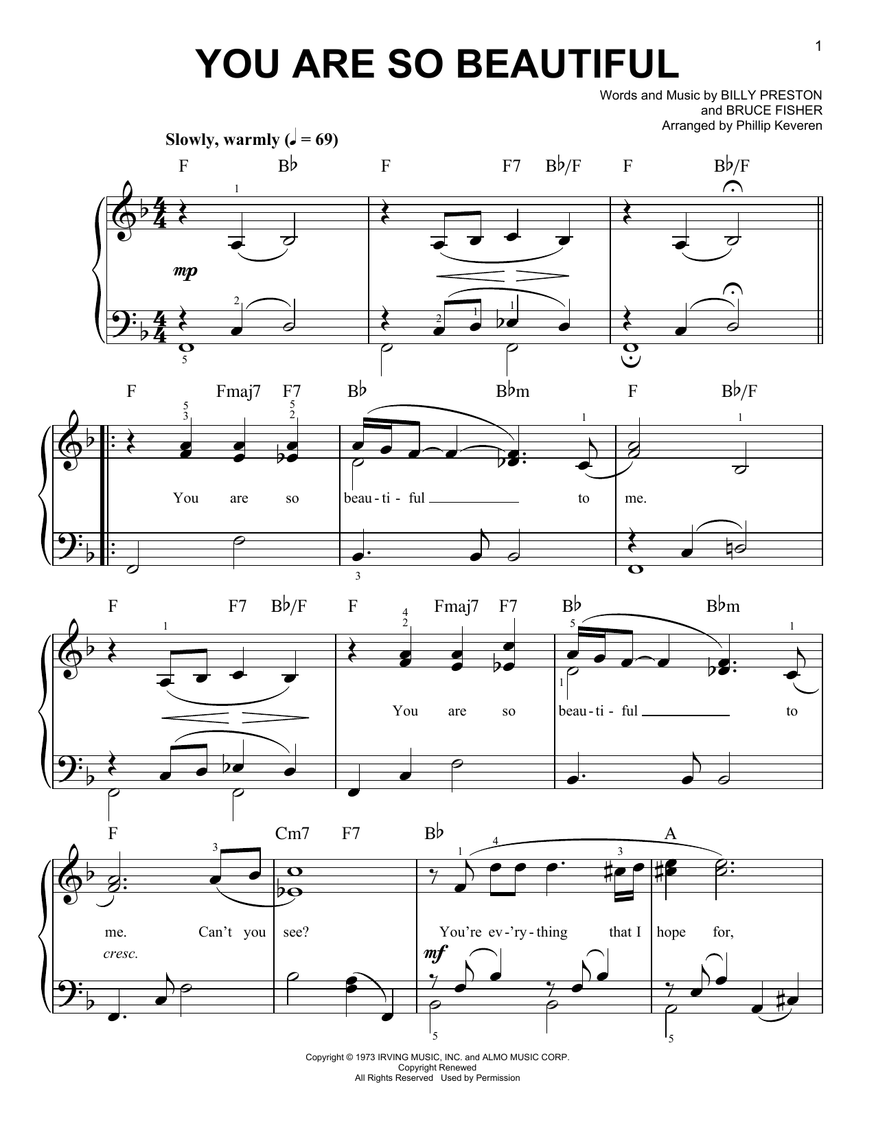 Download Joe Cocker You Are So Beautiful (arr. Phillip Keveren) Sheet Music and learn how to play Easy Piano PDF digital score in minutes