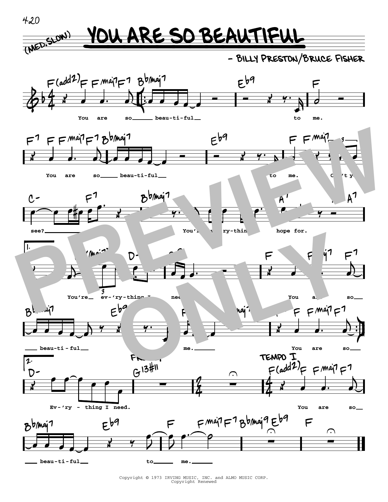 Download Joe Cocker You Are So Beautiful (High Voice) Sheet Music and learn how to play Real Book – Melody, Lyrics & Chords PDF digital score in minutes