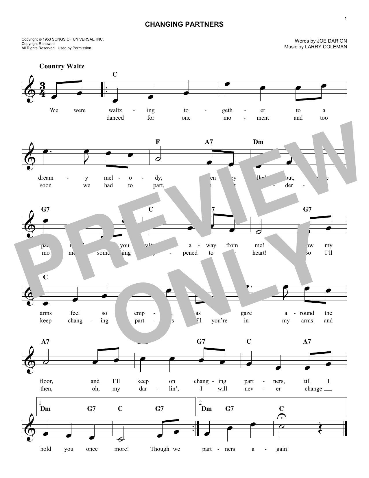 Download Joe Darion Changing Partners Sheet Music and learn how to play Melody Line, Lyrics & Chords PDF digital score in minutes