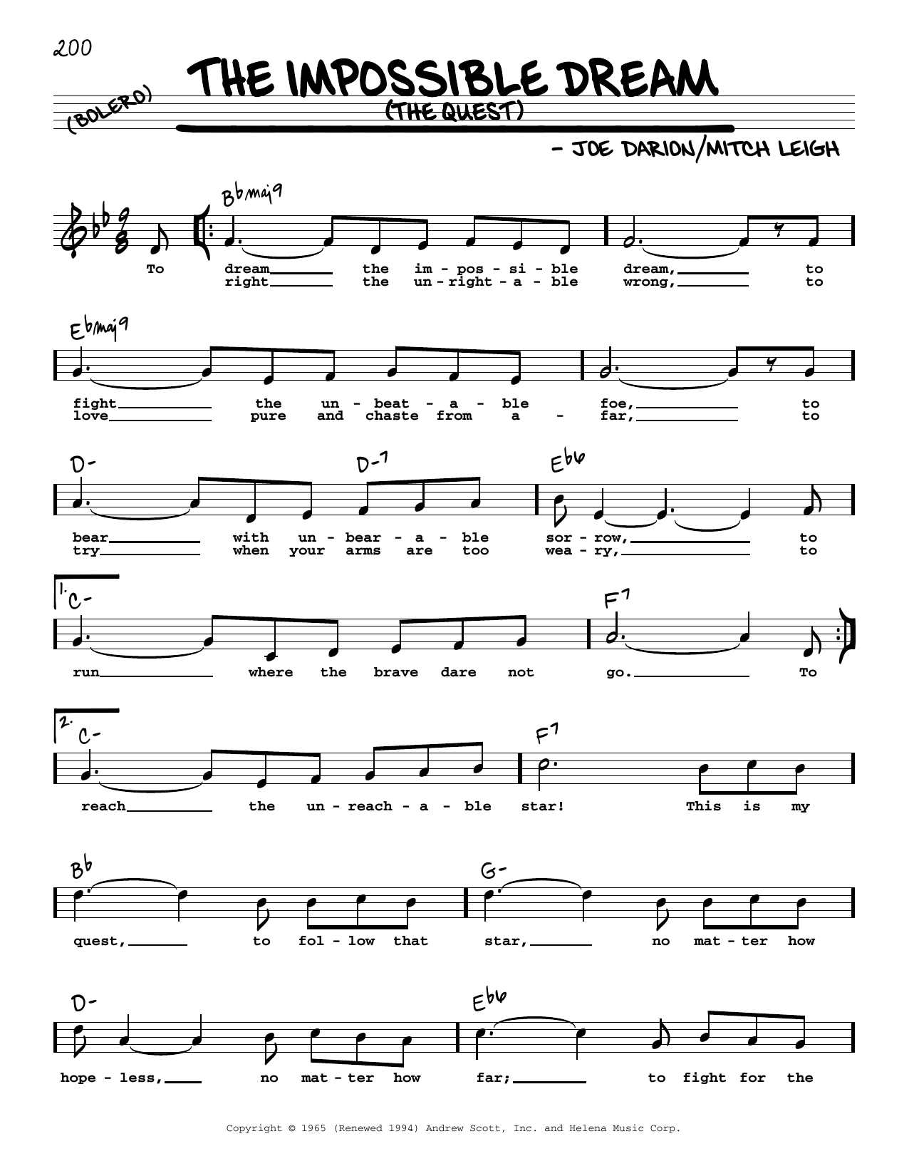 Download Joe Darion The Impossible Dream (The Quest) (High Voice) Sheet Music and learn how to play Real Book – Melody, Lyrics & Chords PDF digital score in minutes