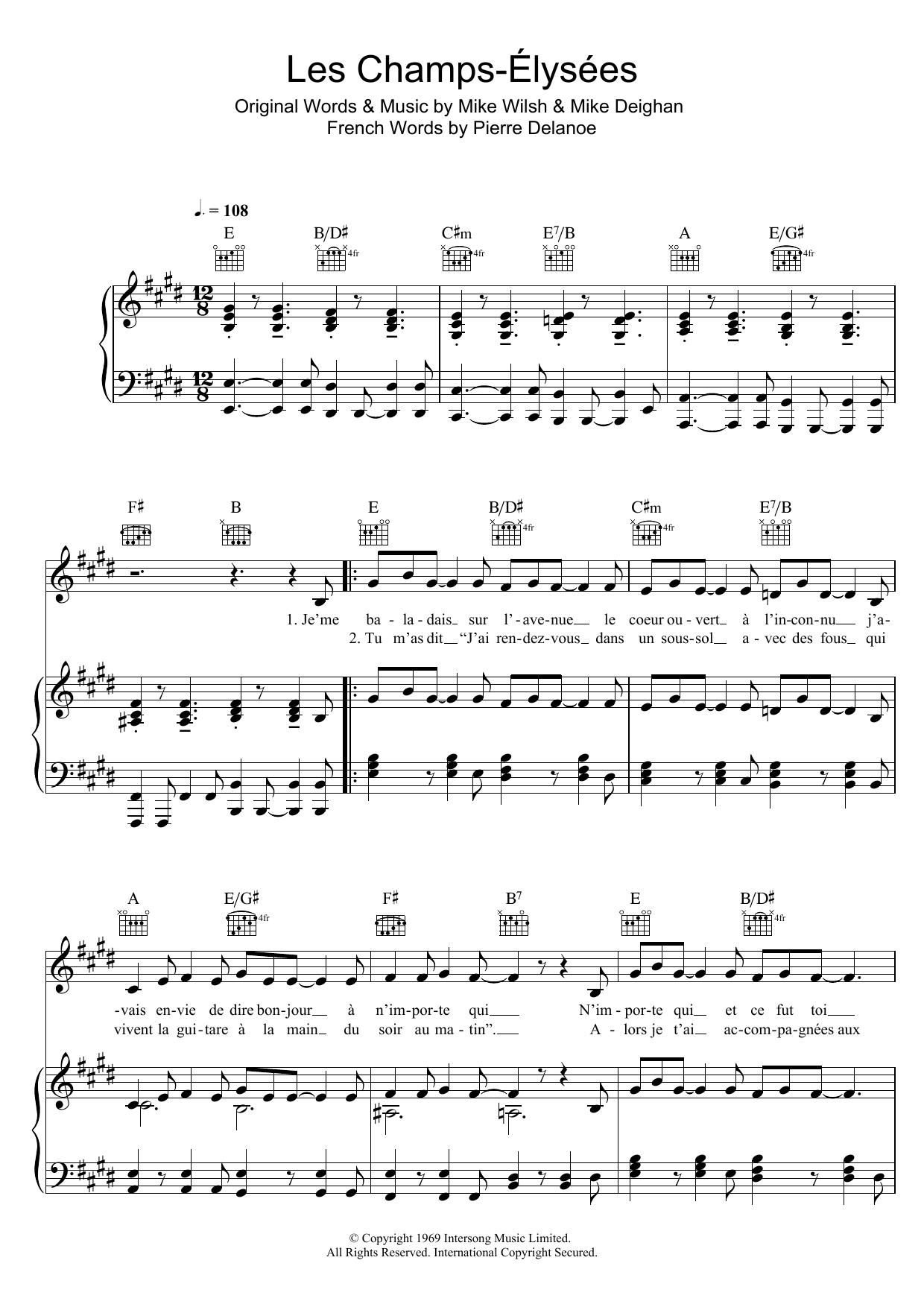 Download Joe Dassin Les Champs Elysees Sheet Music and learn how to play Piano, Vocal & Guitar (Right-Hand Melody) PDF digital score in minutes