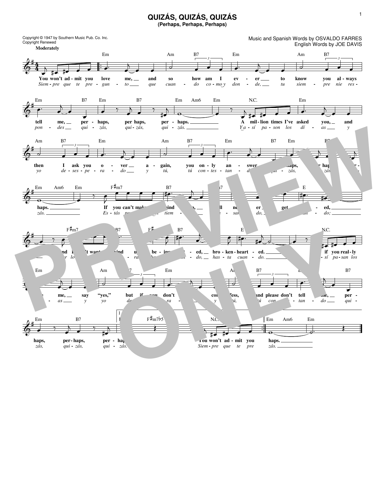 Download Joe Davis Quizas, Quizas, Quizas (Perhaps, Perhaps, Perhaps) Sheet Music and learn how to play Very Easy Piano PDF digital score in minutes