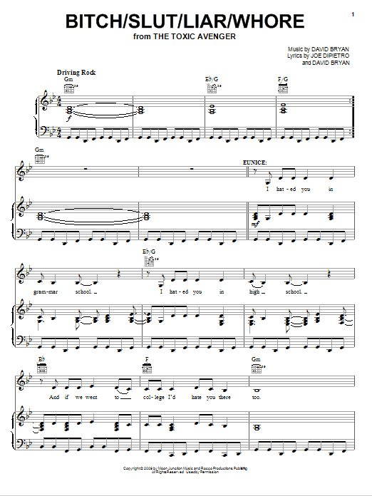 Download Joe DiPietro Bitch/Slut/Liar/Whore Sheet Music and learn how to play Piano, Vocal & Guitar (Right-Hand Melody) PDF digital score in minutes