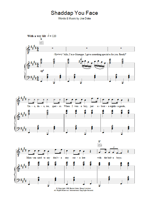 Download Joe Dolce Shaddap You Face Sheet Music and learn how to play Piano, Vocal & Guitar PDF digital score in minutes