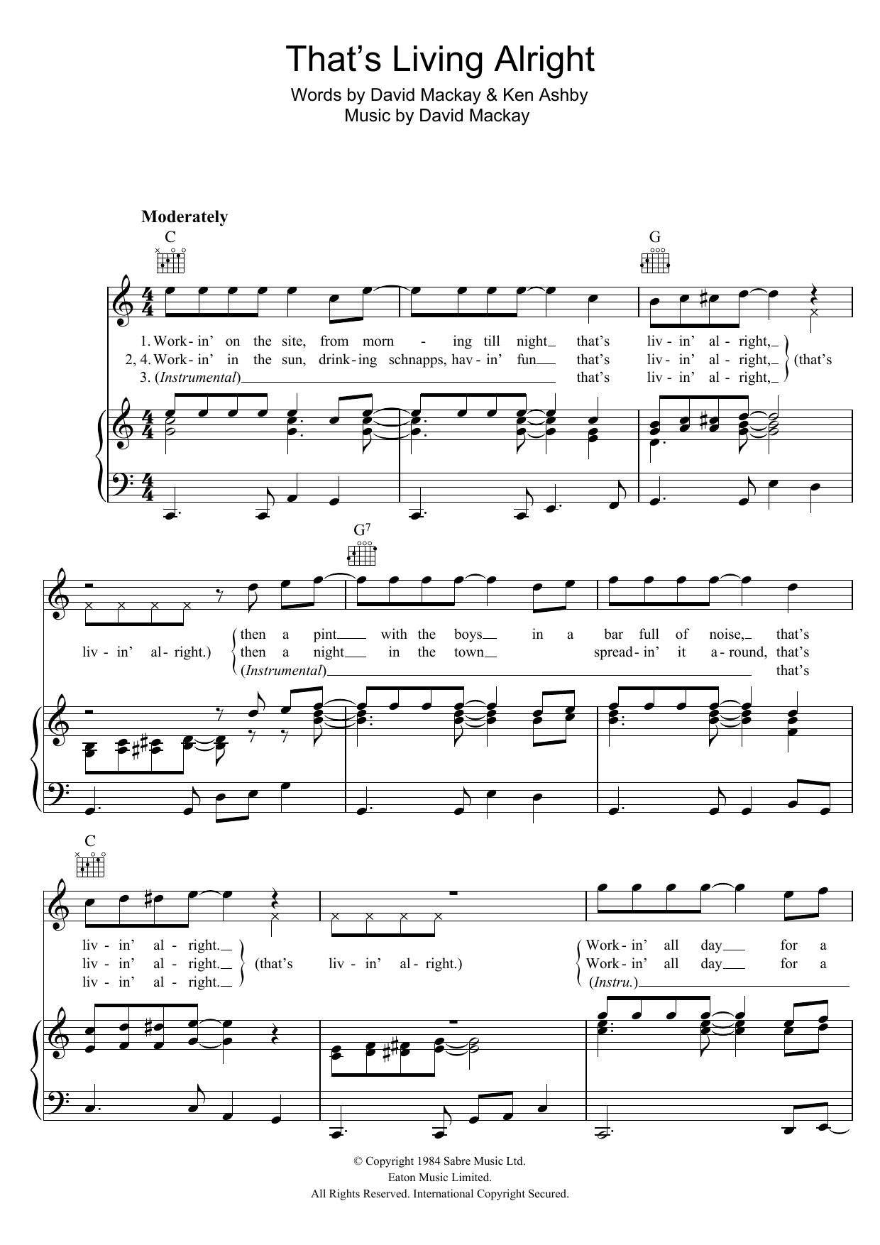 Download Joe Fagin That's Livin' Alright Sheet Music and learn how to play Piano, Vocal & Guitar (Right-Hand Melody) PDF digital score in minutes