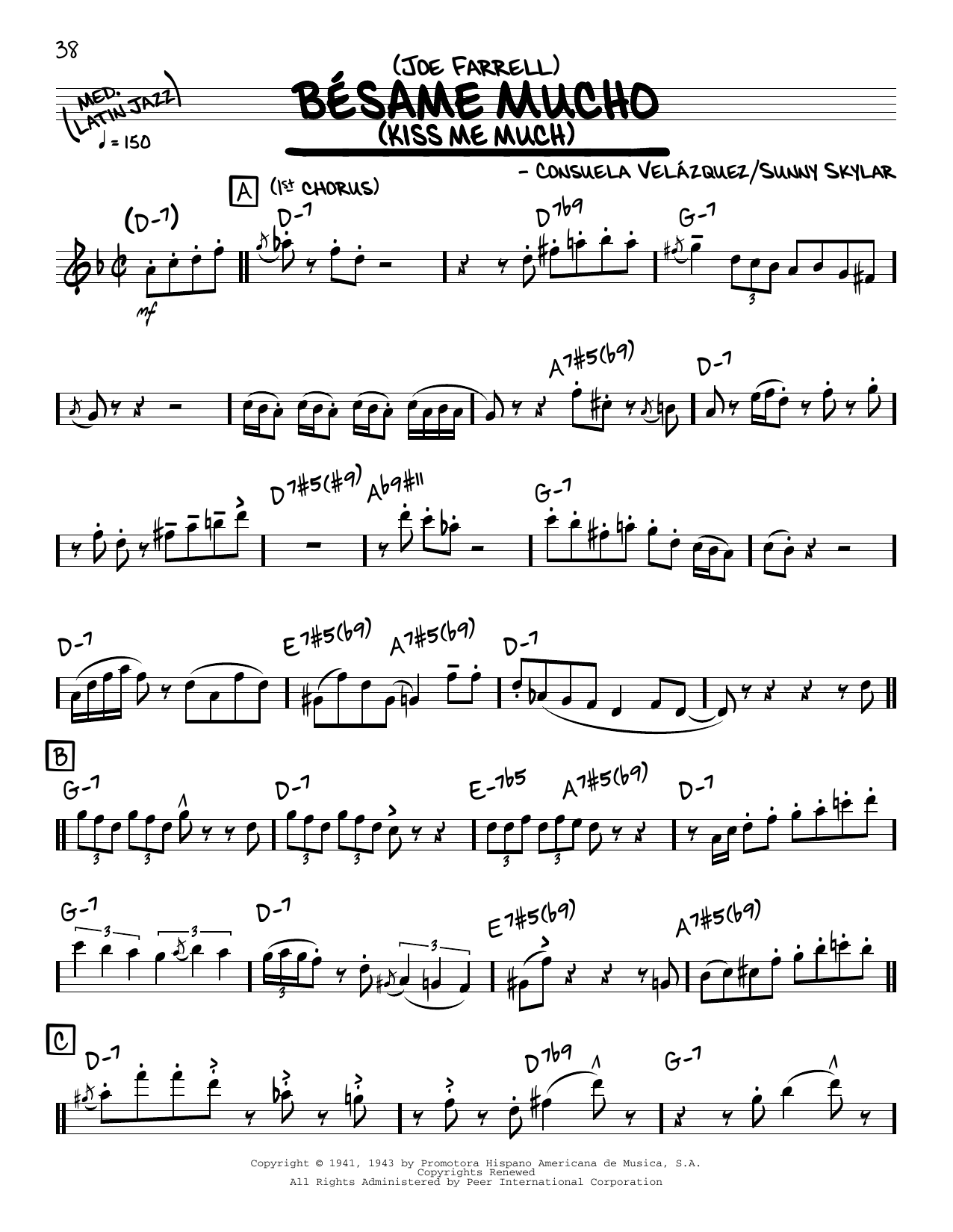 Download Joe Farrell Bésame Mucho (Kiss Me Much) (solo only) Sheet Music and learn how to play Real Book – Melody & Chords PDF digital score in minutes