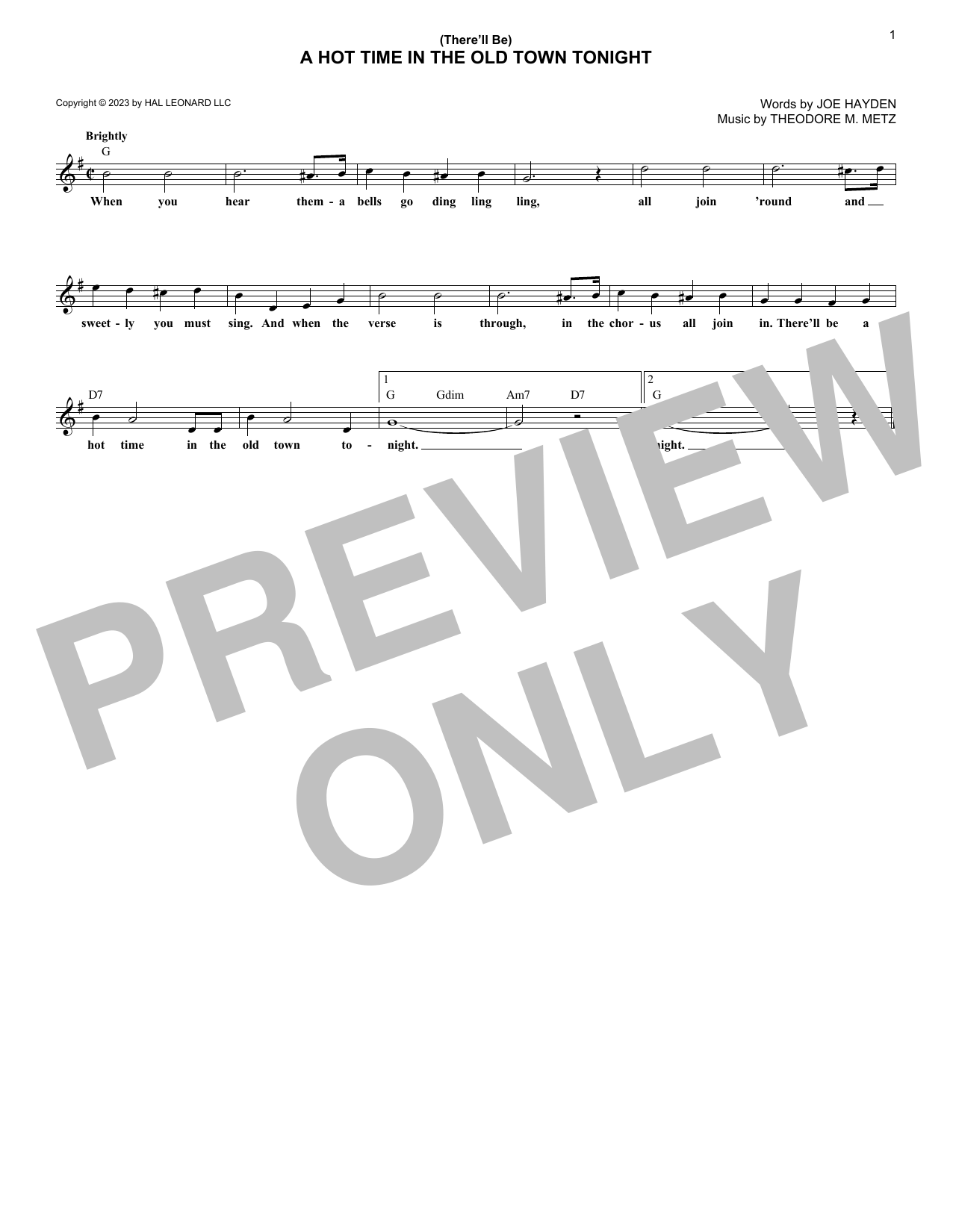 Download Joe Hayden and Theodore M. Metz (There'll Be) A Hot Time In The Old Town Tonight Sheet Music and learn how to play Lead Sheet / Fake Book PDF digital score in minutes