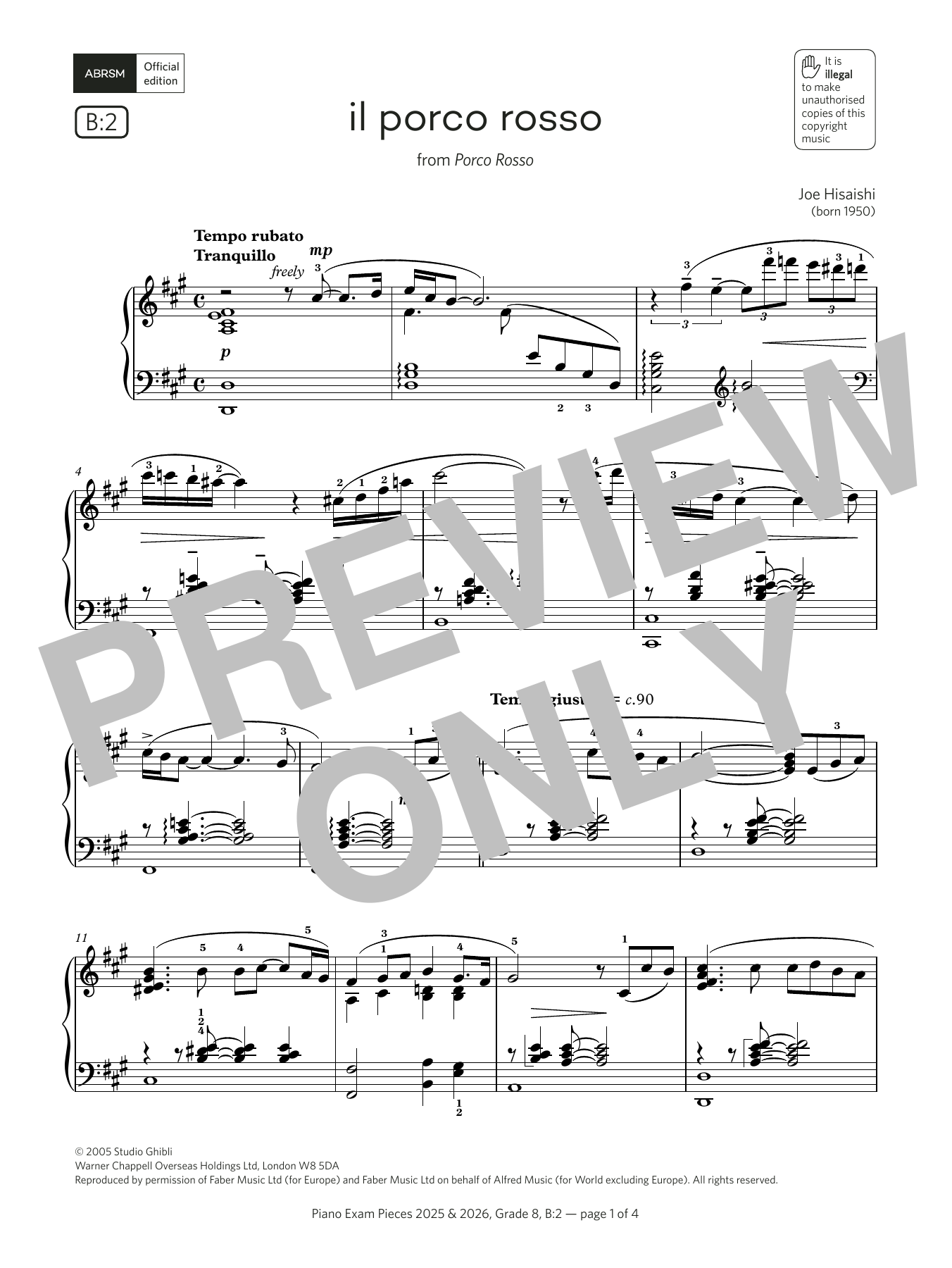 Download Joe Hisaishi il porco rosso (Grade 8, list B2, from the ABRSM Piano Syllabus 2025 & 2026) Sheet Music and learn how to play Piano Solo PDF digital score in minutes