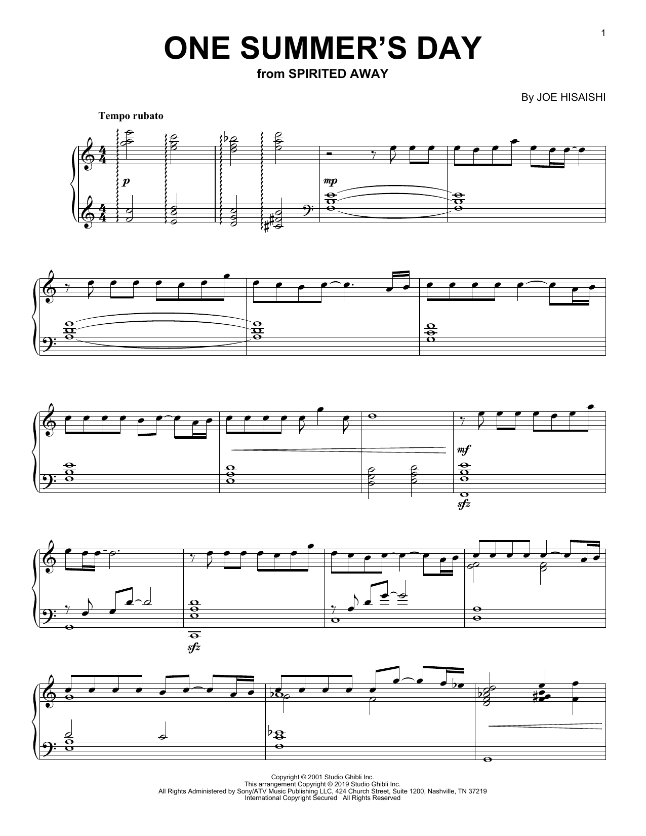Download Joe Hisaishi One Summer's Day (from Spirited Away) Sheet Music and learn how to play Big Note Piano PDF digital score in minutes