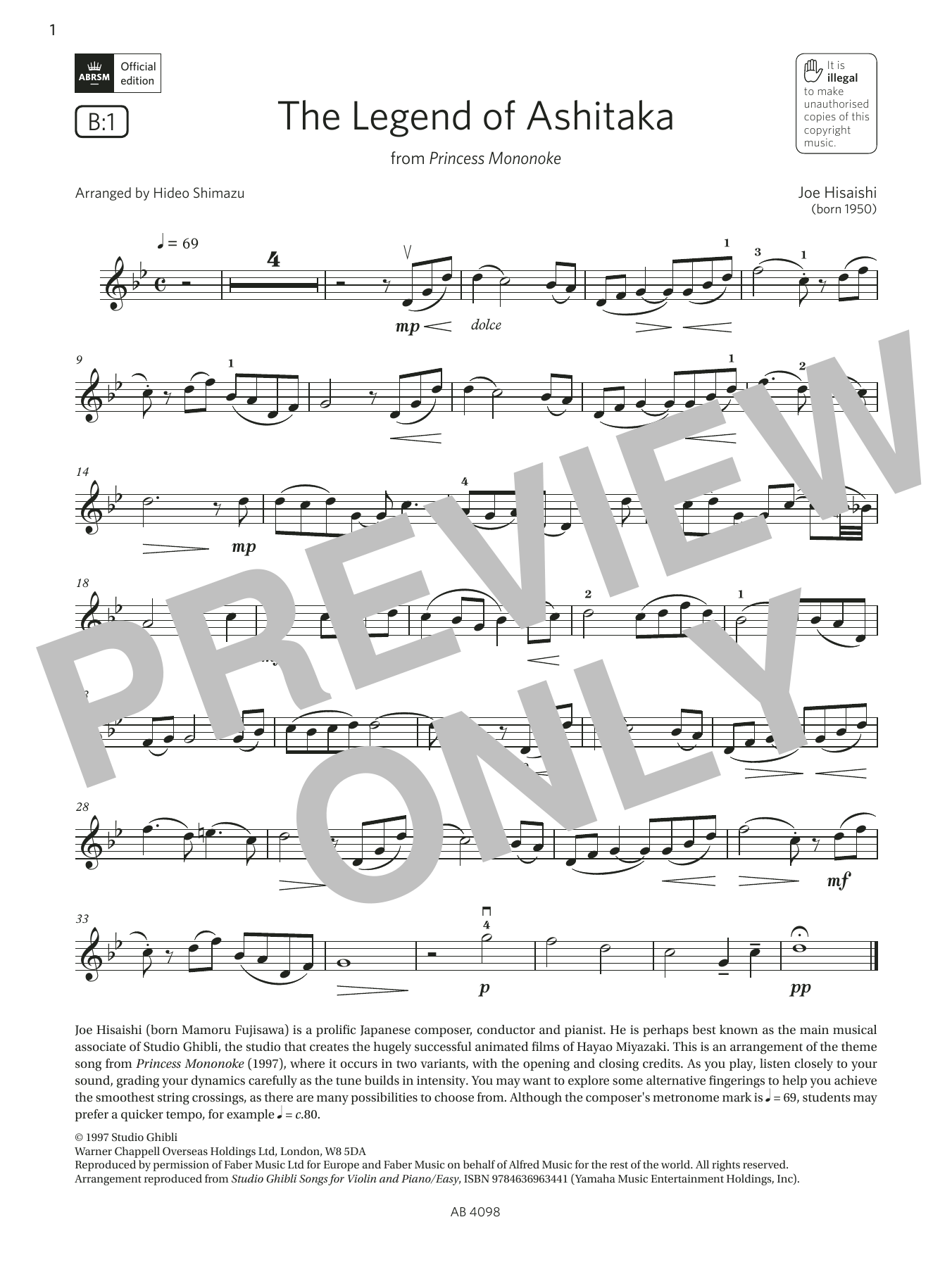 Download Joe Hisaishi The Legend of Ashitaka (Grade 4, B1, from the ABRSM Violin Syllabus from 2024) Sheet Music and learn how to play Violin Solo PDF digital score in minutes