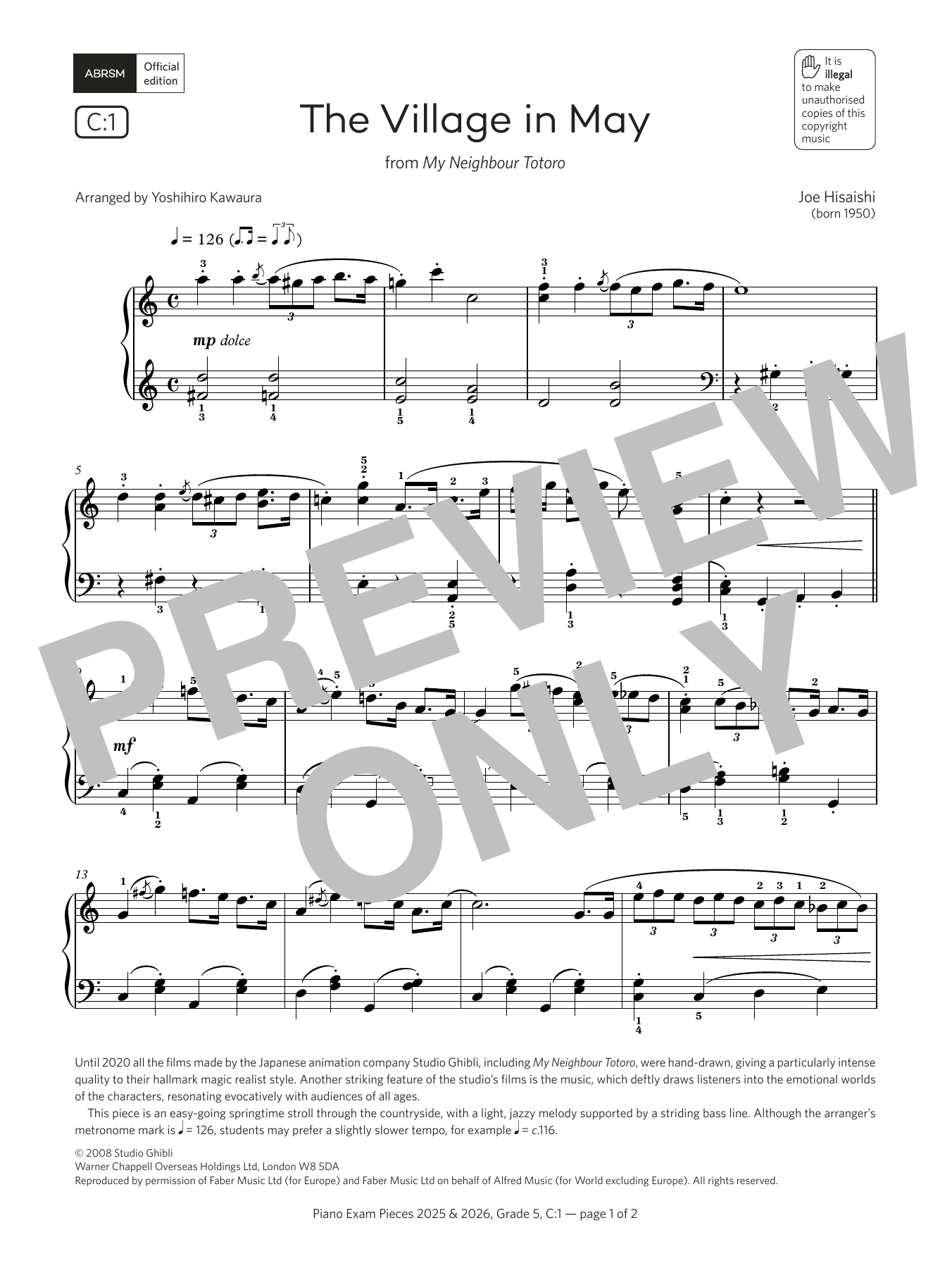 Download Joe Hisaishi The Village in May (Grade 5, list C1, from the ABRSM Piano Syllabus 2025 & 2026) Sheet Music and learn how to play Piano Solo PDF digital score in minutes