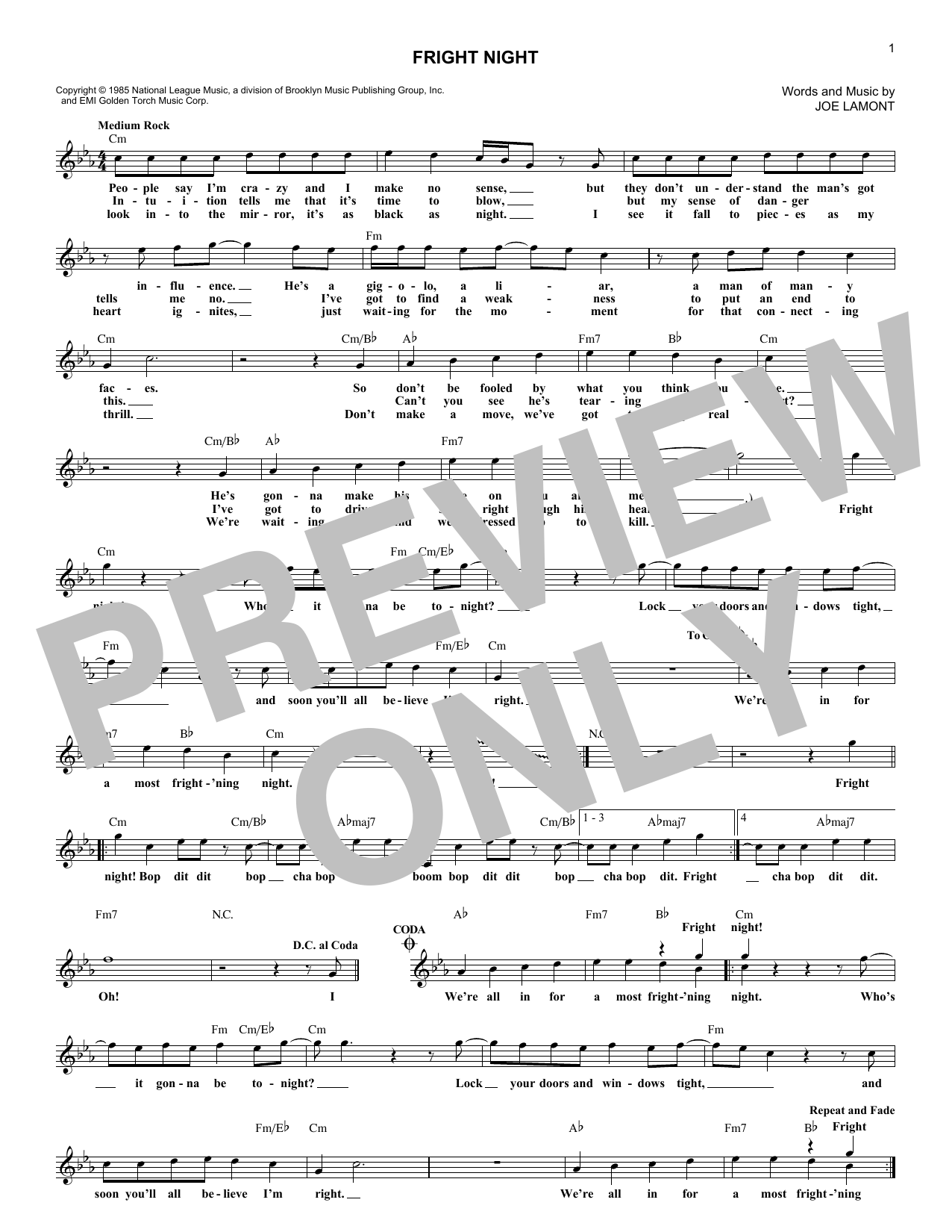 Download Joe Lamont Fright Night Sheet Music and learn how to play Melody Line, Lyrics & Chords PDF digital score in minutes