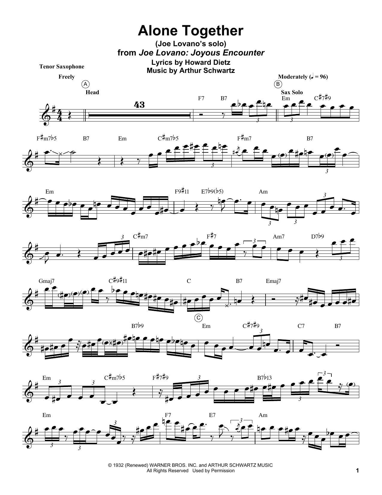 Download Joe Lovano Alone Together Sheet Music and learn how to play Tenor Sax Transcription PDF digital score in minutes