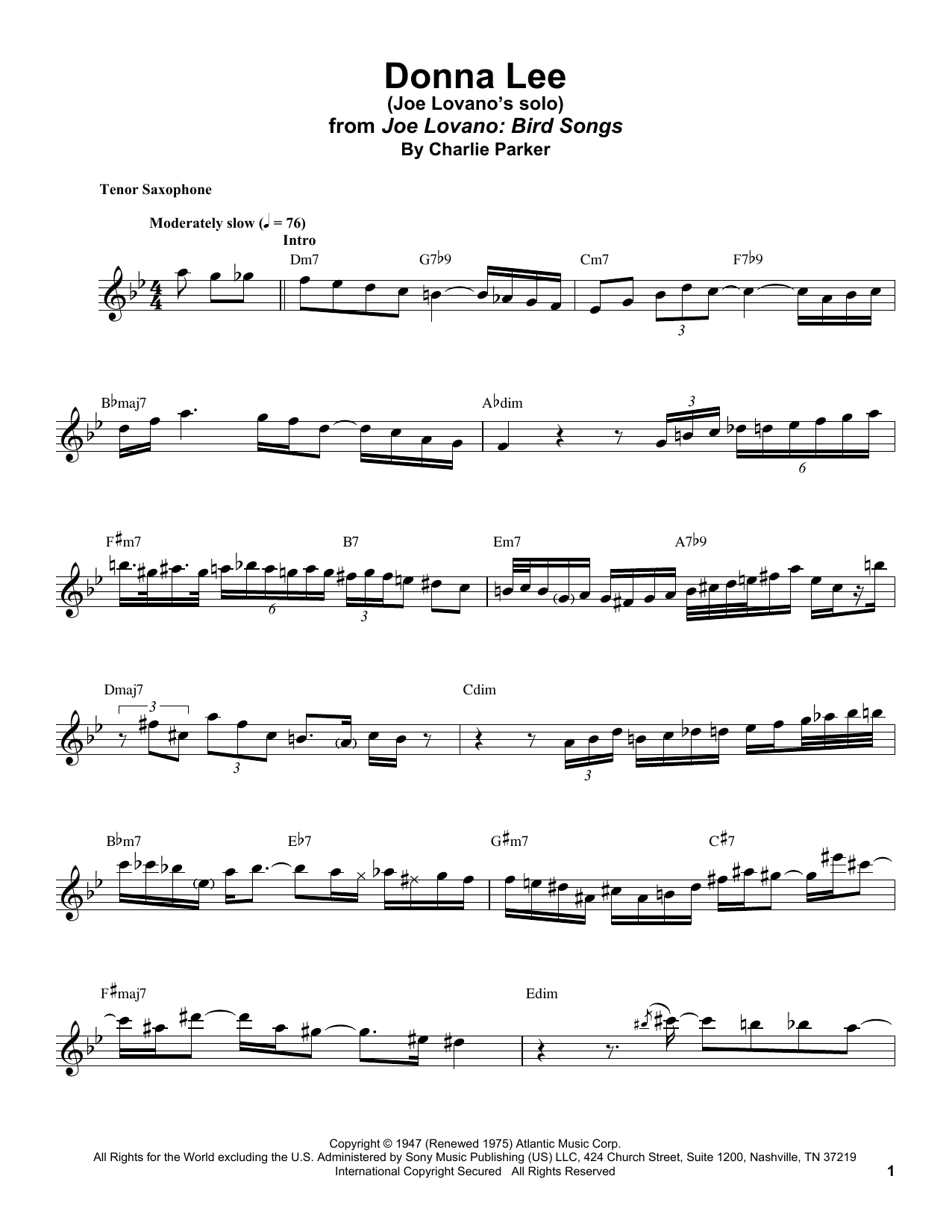 Download Joe Lovano Donna Lee Sheet Music and learn how to play Tenor Sax Transcription PDF digital score in minutes