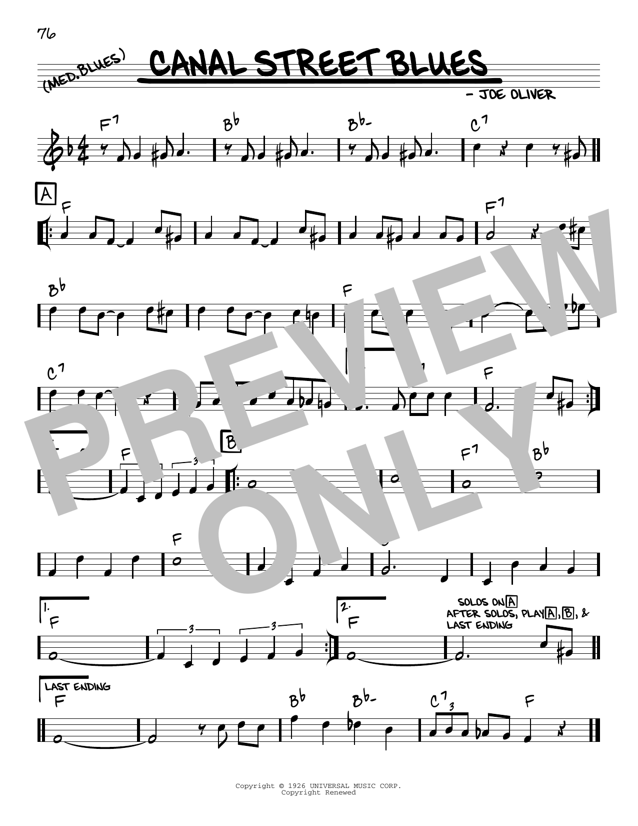 Download Joe Oliver Canal Street Blues (arr. Robert Rawlins) Sheet Music and learn how to play Real Book – Melody, Lyrics & Chords PDF digital score in minutes