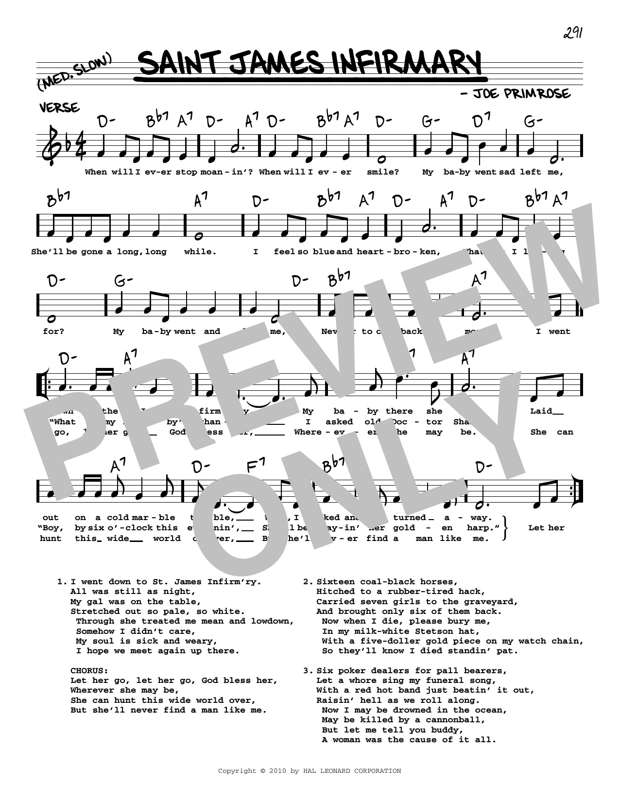Download Joe Primrose Saint James Infirmary (arr. Robert Rawlins) Sheet Music and learn how to play Real Book – Melody, Lyrics & Chords PDF digital score in minutes