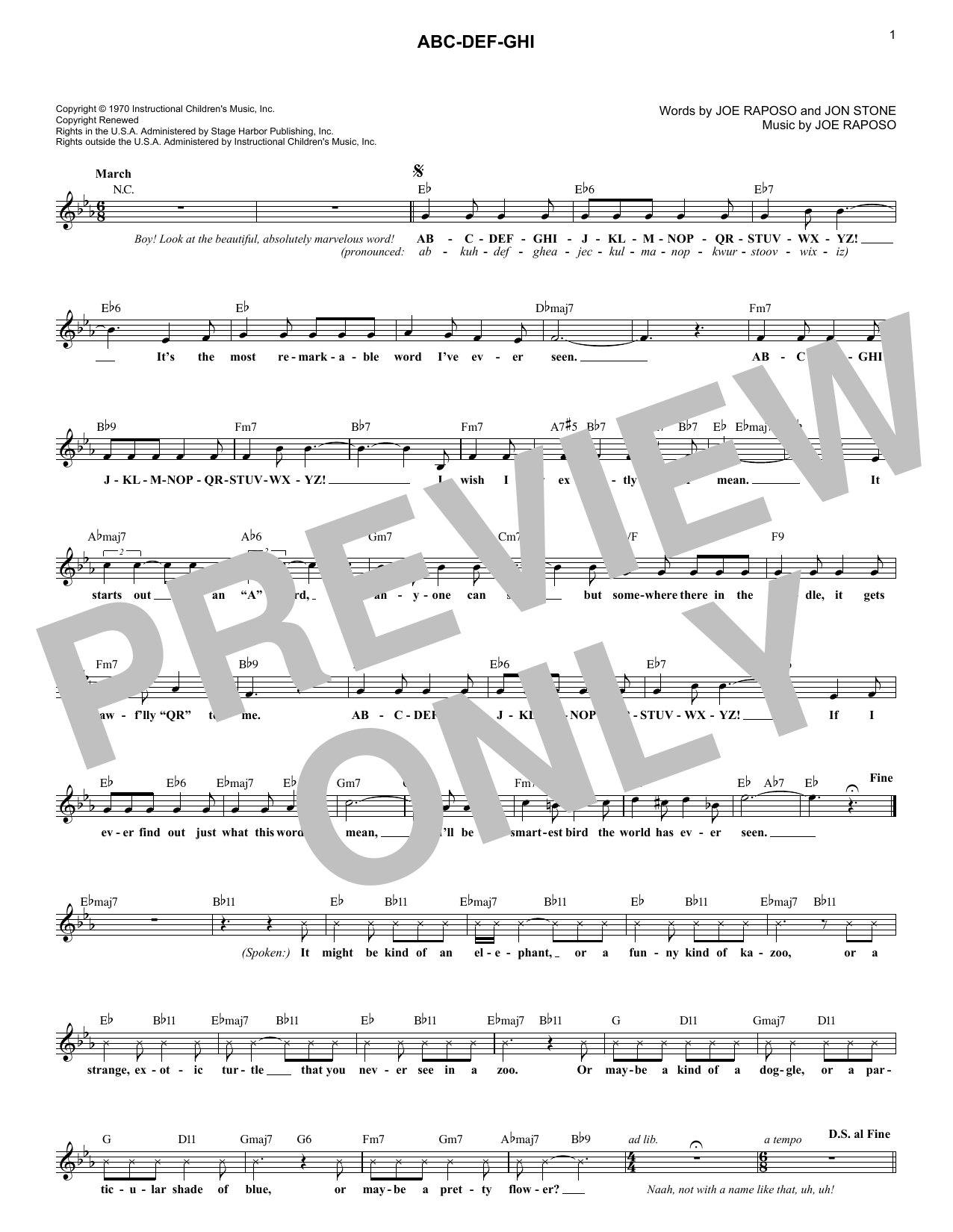 Download Joe Raposo ABC-DEF-GHI Sheet Music and learn how to play Melody Line, Lyrics & Chords PDF digital score in minutes