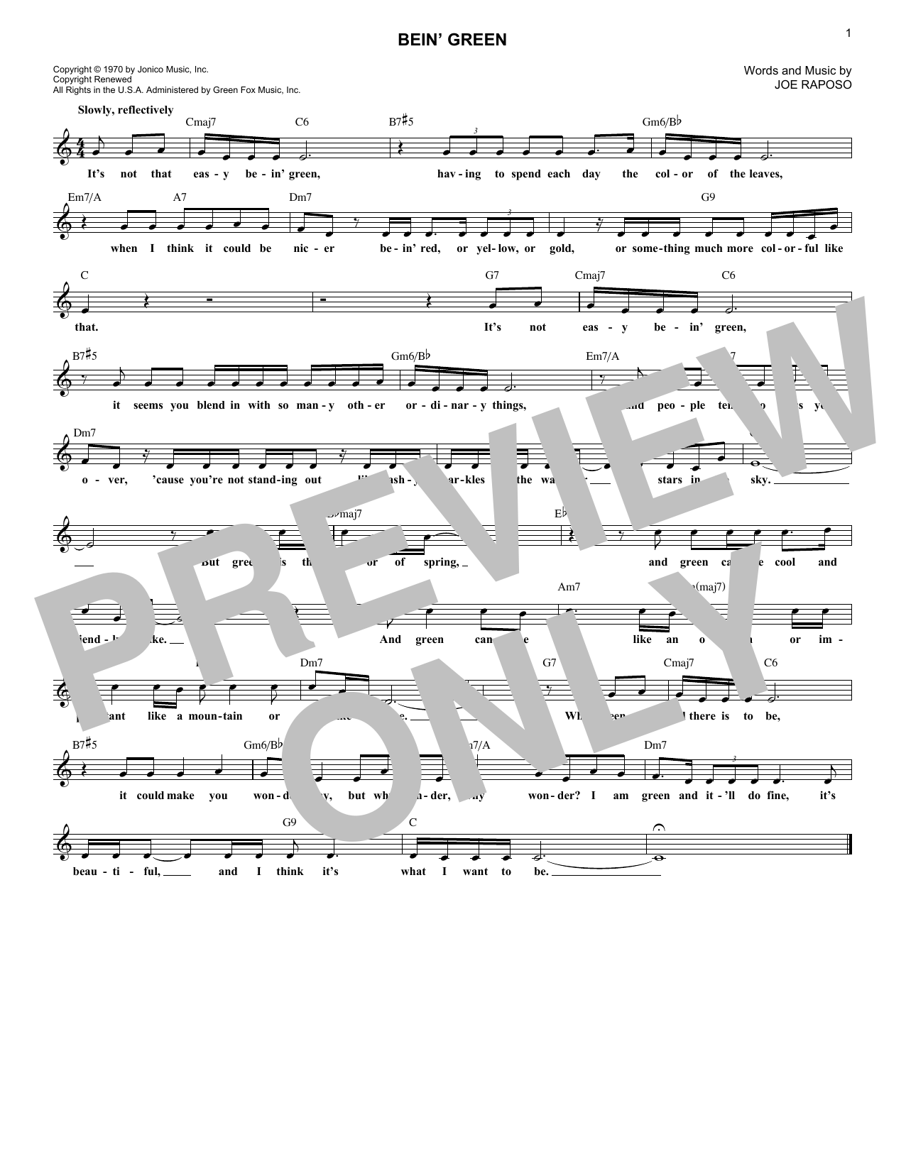 Download Joe Raposo Bein' Green Sheet Music and learn how to play Melody Line, Lyrics & Chords PDF digital score in minutes