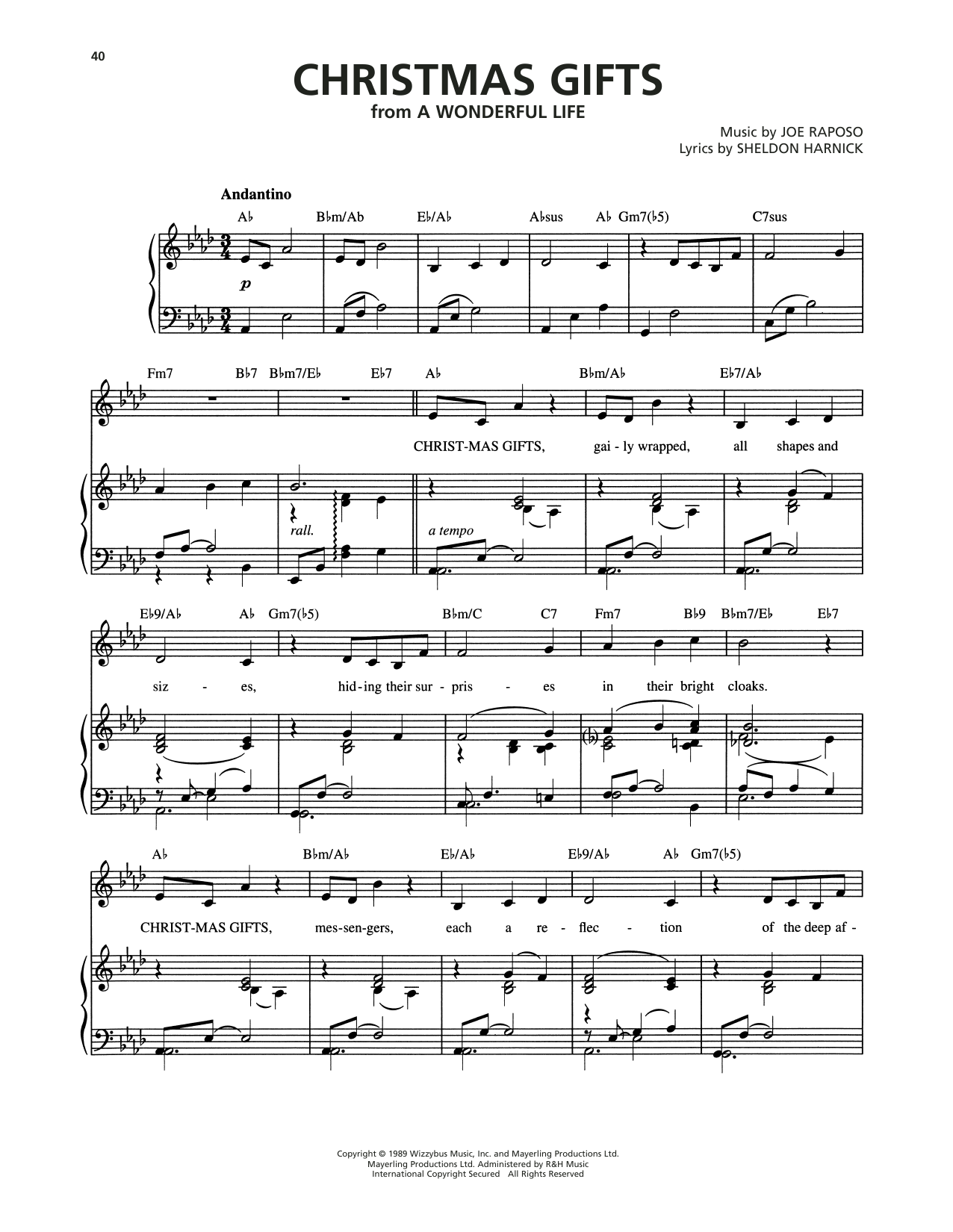 Download Joe Raposo Christmas Gifts (from A Wonderful Life) Sheet Music and learn how to play Piano, Vocal & Guitar Chords (Right-Hand Melody) PDF digital score in minutes