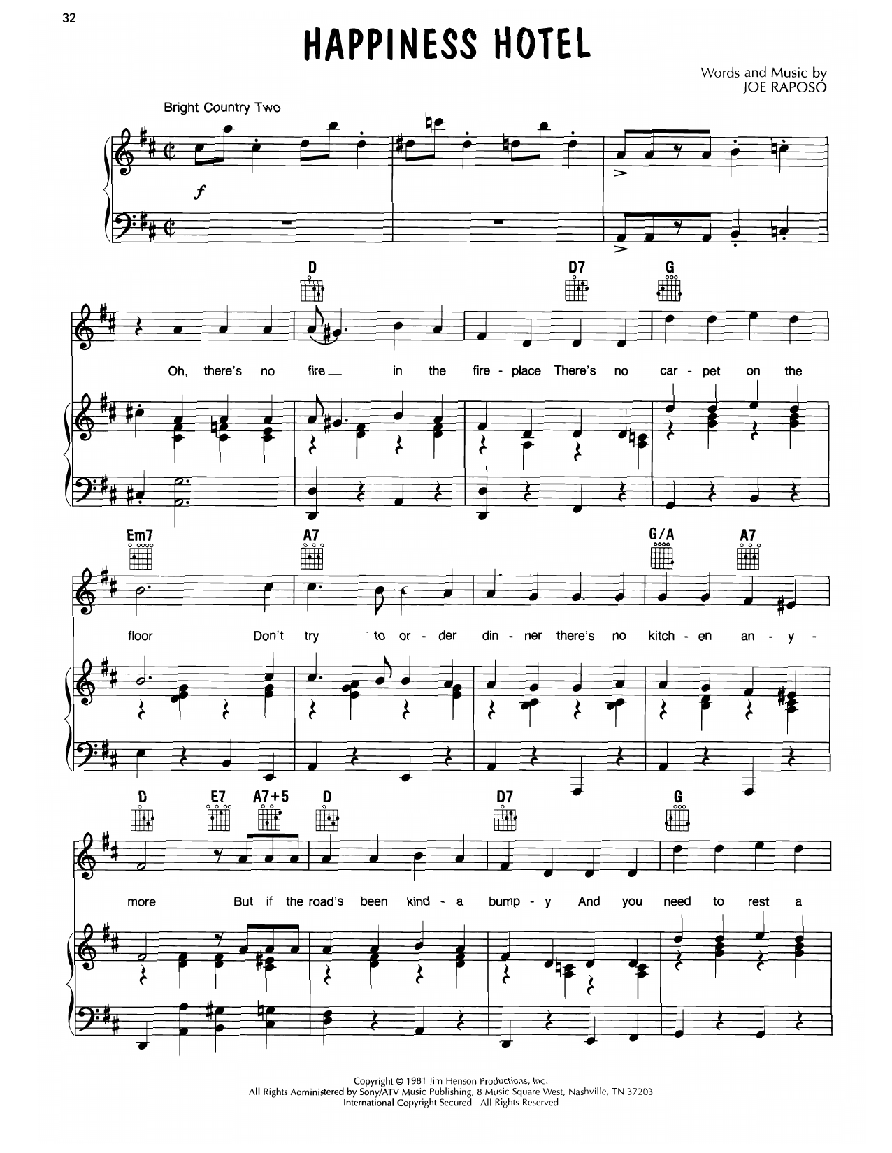 Download Joe Raposo Happiness Hotel (from The Great Muppet Caper) Sheet Music and learn how to play Piano, Vocal & Guitar Chords (Right-Hand Melody) PDF digital score in minutes