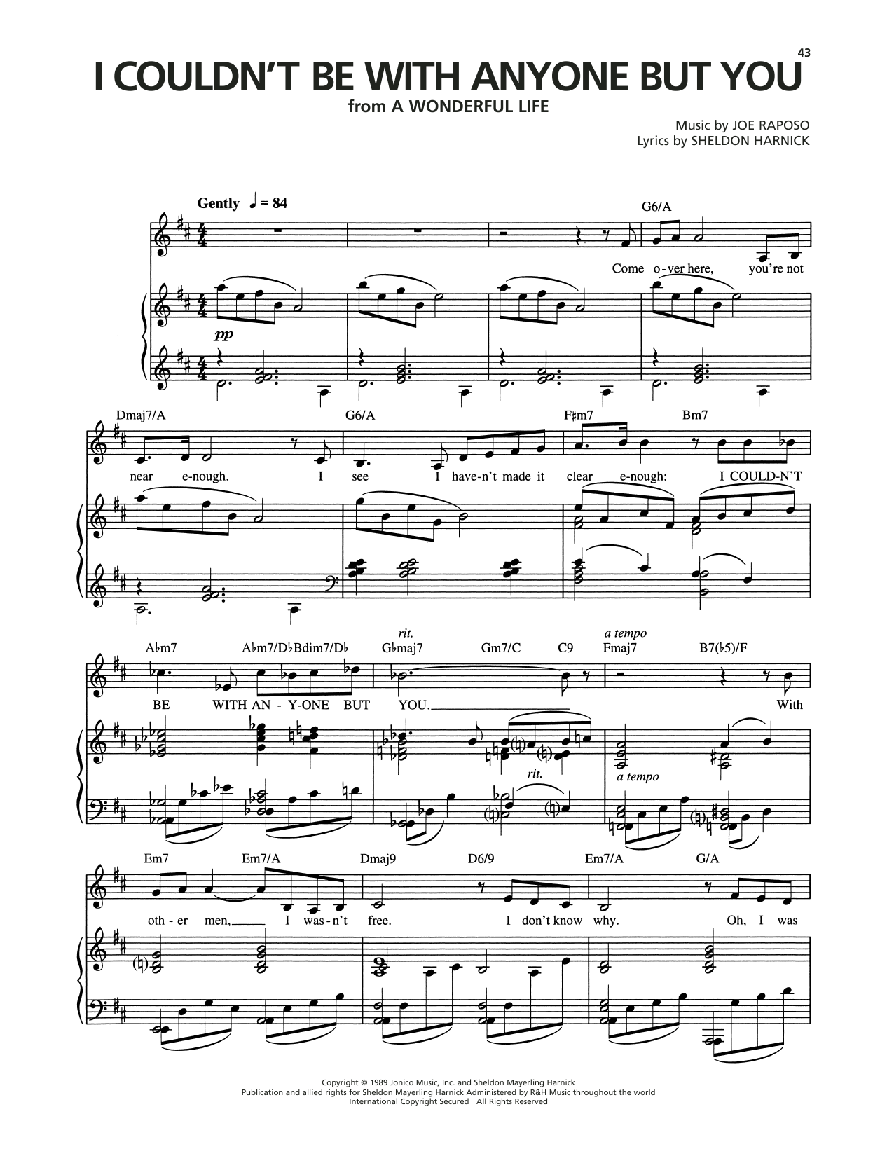 Download Joe Raposo I Couldn't Be With Anyone But You (from A Wonderful Life) Sheet Music and learn how to play Piano, Vocal & Guitar Chords (Right-Hand Melody) PDF digital score in minutes