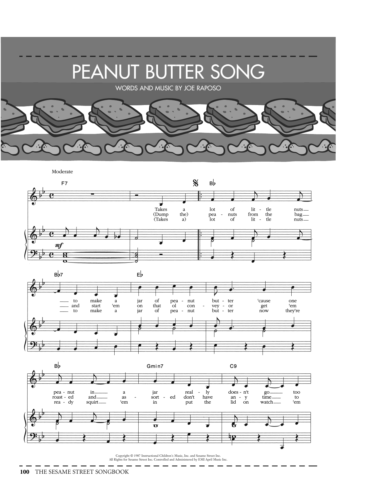 Download Joe Raposo Peanut Butter Song (from Sesame Street) Sheet Music and learn how to play Piano, Vocal & Guitar Chords (Right-Hand Melody) PDF digital score in minutes