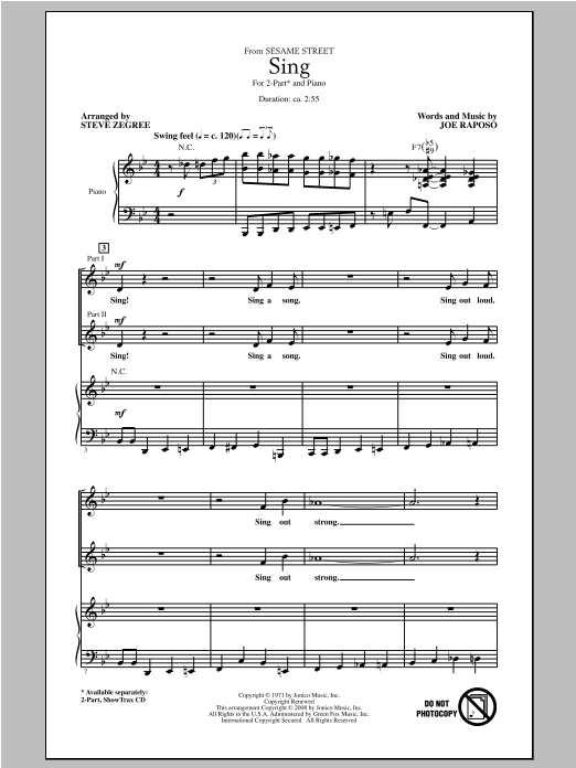 Download Joe Raposo Sing (from Sesame Street) (arr. Steve Zegree) Sheet Music and learn how to play 2-Part Choir PDF digital score in minutes