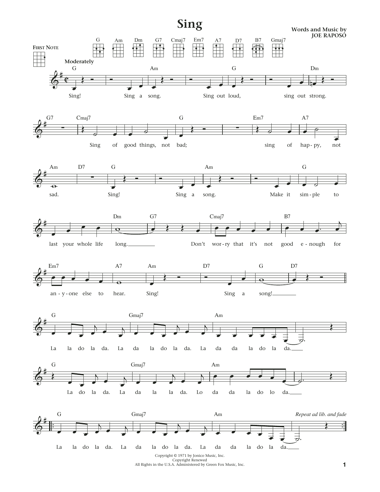 Download Joe Raposo Sing Sheet Music and learn how to play Ukulele PDF digital score in minutes