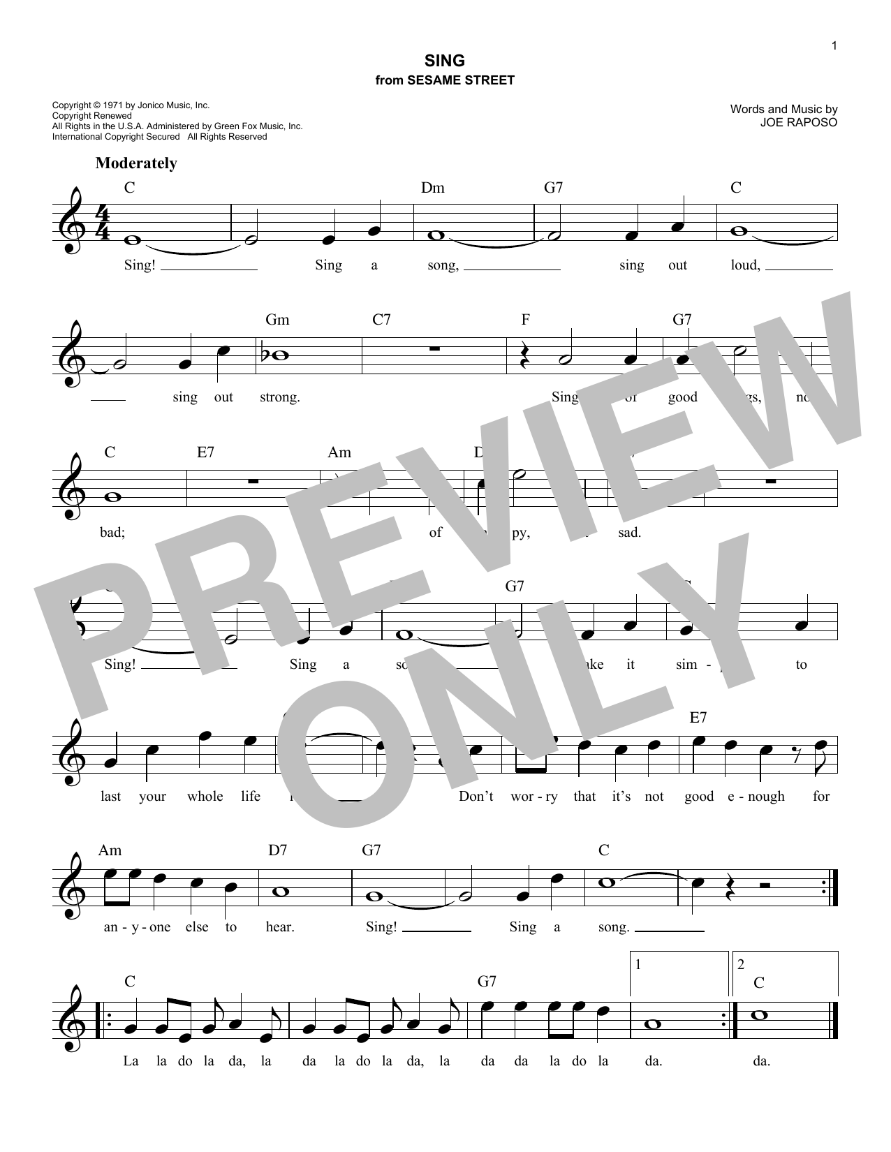 Download Joe Raposo Sing Sheet Music and learn how to play Melody Line, Lyrics & Chords PDF digital score in minutes