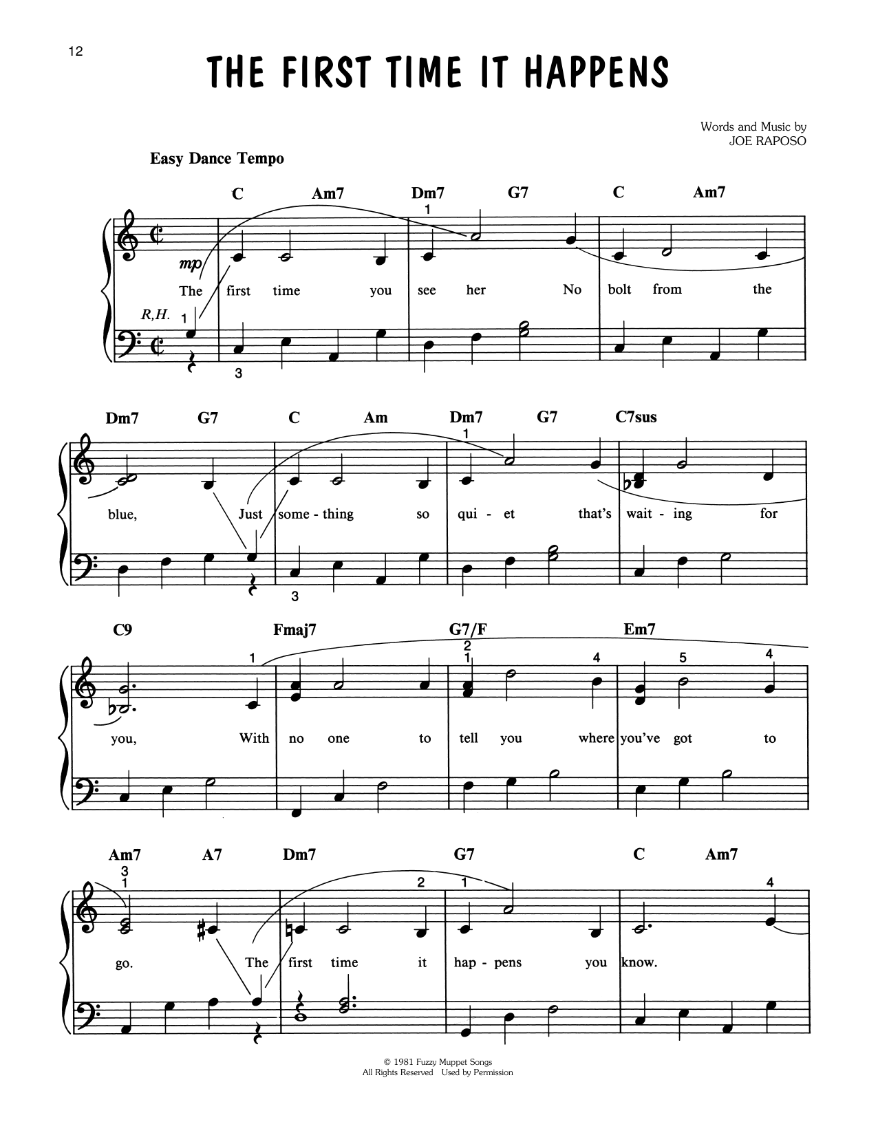 Download Joe Raposo The First Time It Happens (from The Great Muppet Caper) Sheet Music and learn how to play Easy Piano PDF digital score in minutes