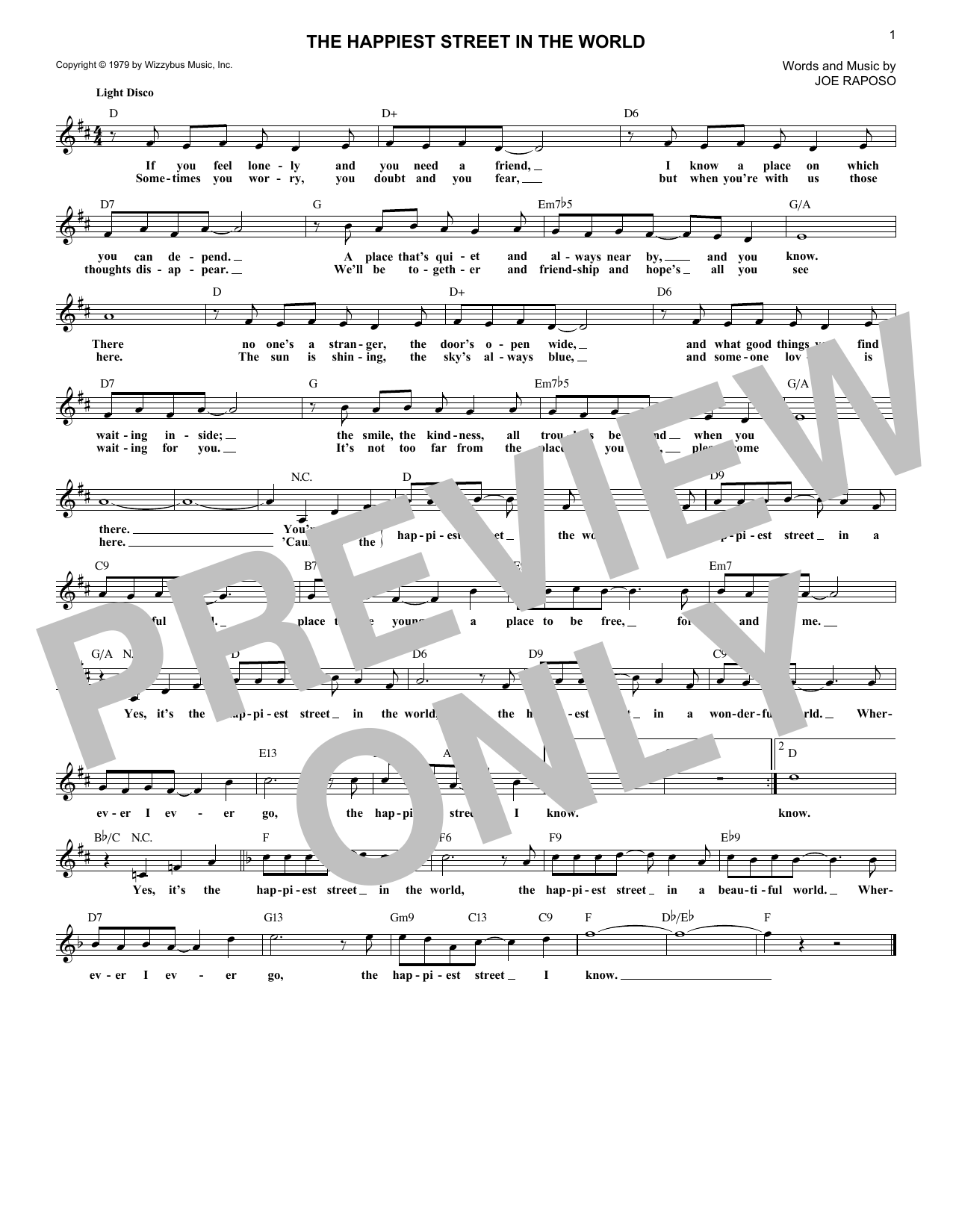 Download Joe Raposo The Happiest Street In The World Sheet Music and learn how to play Melody Line, Lyrics & Chords PDF digital score in minutes