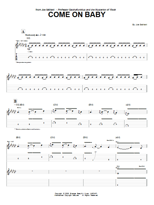 Download Joe Satriani Come On Baby Sheet Music and learn how to play Guitar Tab PDF digital score in minutes
