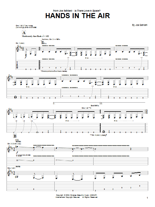 Download Joe Satriani Hands In The Air Sheet Music and learn how to play Guitar Tab PDF digital score in minutes