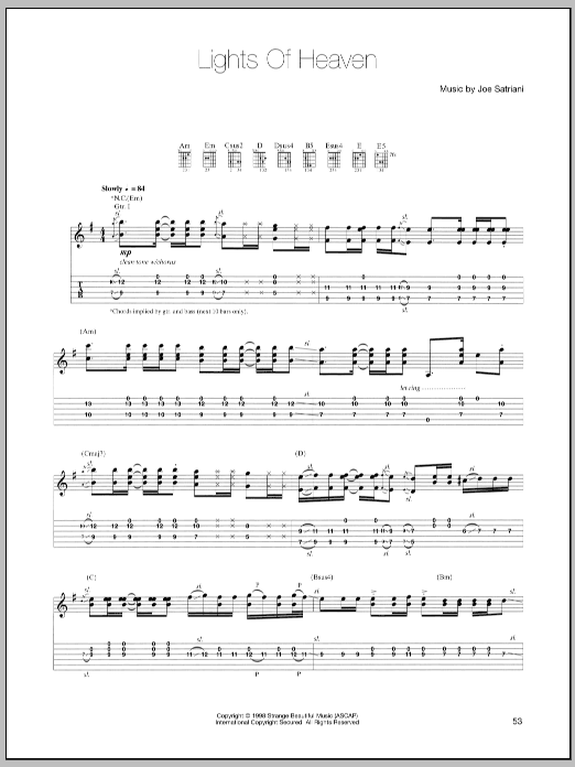 Download Joe Satriani Lights Of Heaven Sheet Music and learn how to play Guitar Tab PDF digital score in minutes