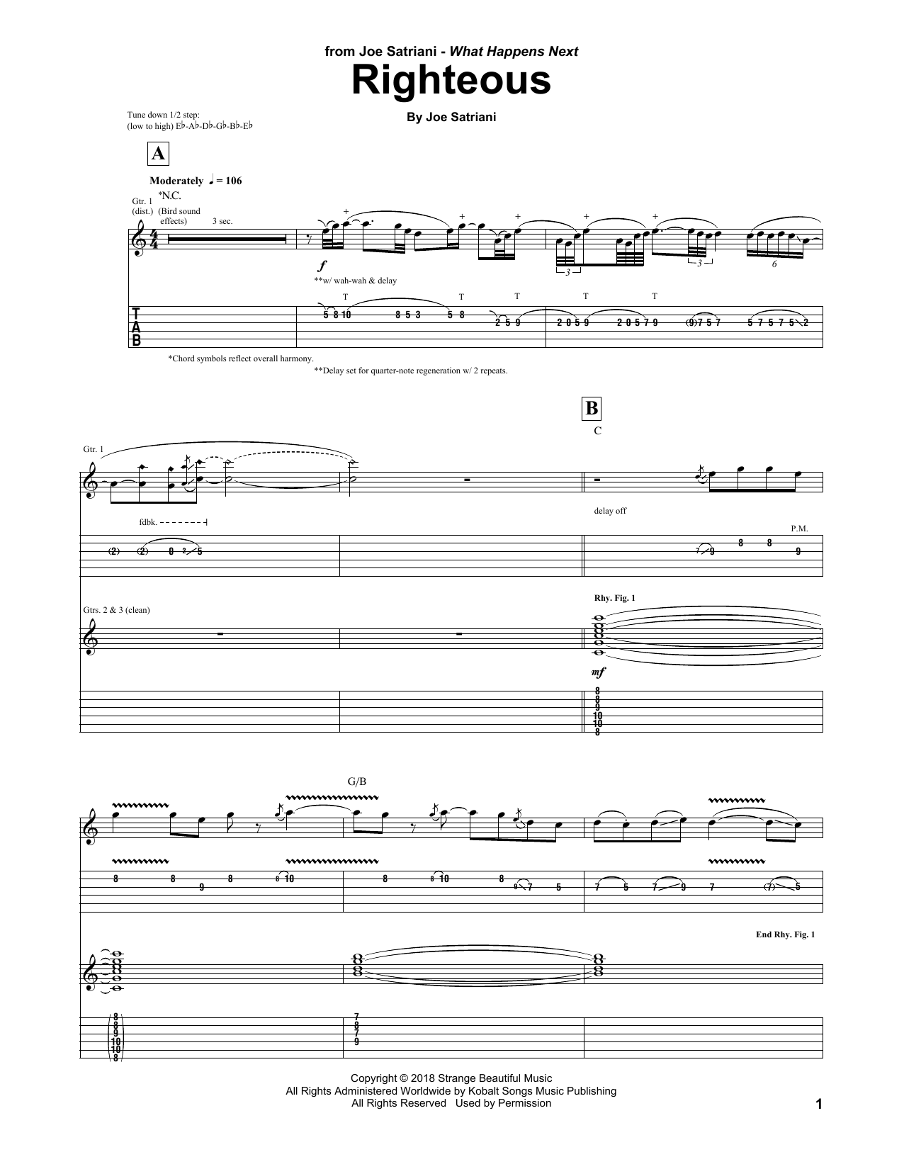 Download Joe Satriani Righteous Sheet Music and learn how to play Guitar Tab PDF digital score in minutes