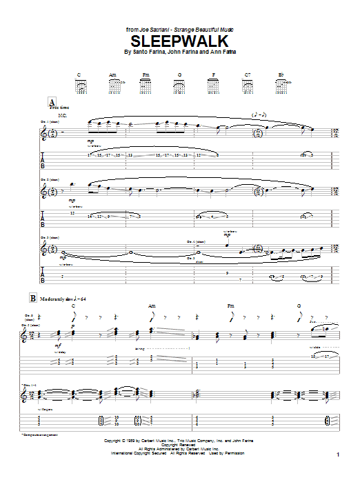 Download Joe Satriani Sleepwalk Sheet Music and learn how to play Guitar Tab PDF digital score in minutes