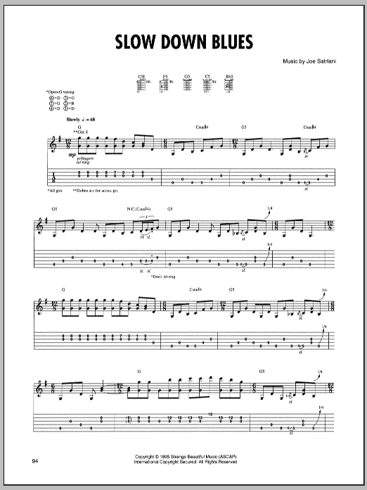 Download Joe Satriani Slow Down Blues Sheet Music and learn how to play Guitar Tab PDF digital score in minutes