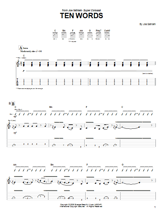 Download Joe Satriani Ten Words Sheet Music and learn how to play Guitar Tab PDF digital score in minutes