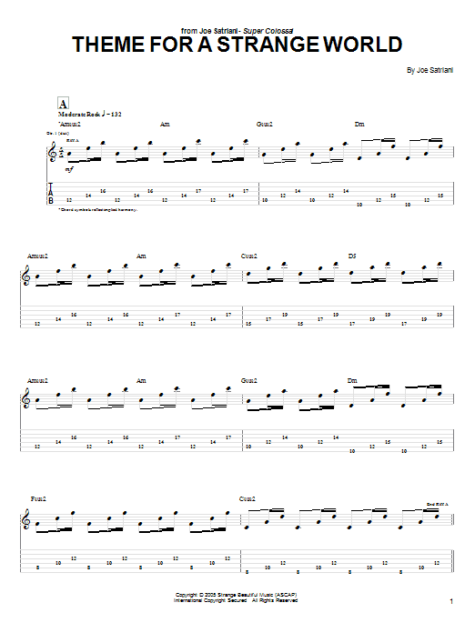 Download Joe Satriani Theme For A Strange World Sheet Music and learn how to play Guitar Tab PDF digital score in minutes