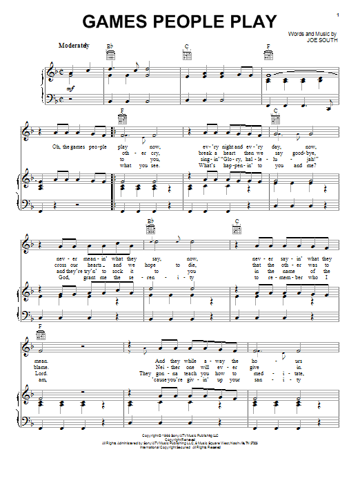 Download Joe South Games People Play Sheet Music and learn how to play Melody Line, Lyrics & Chords PDF digital score in minutes