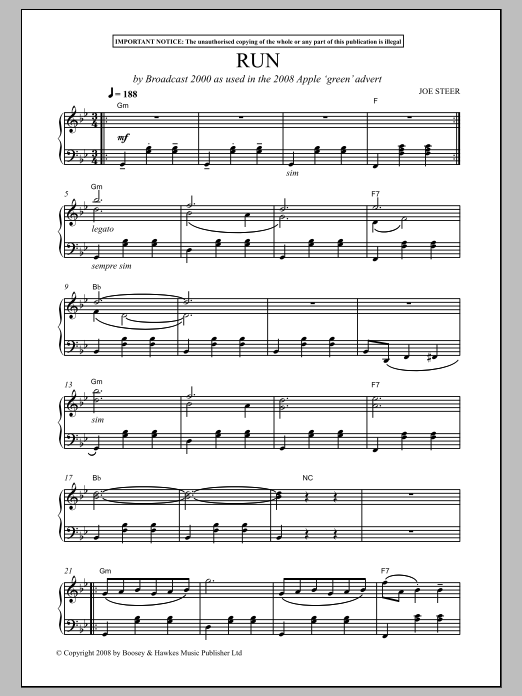 Download Joe Steer Run (By Broadcast 2000 As Used In The 2008 Apple 'Green' Advert) Sheet Music and learn how to play Piano PDF digital score in minutes