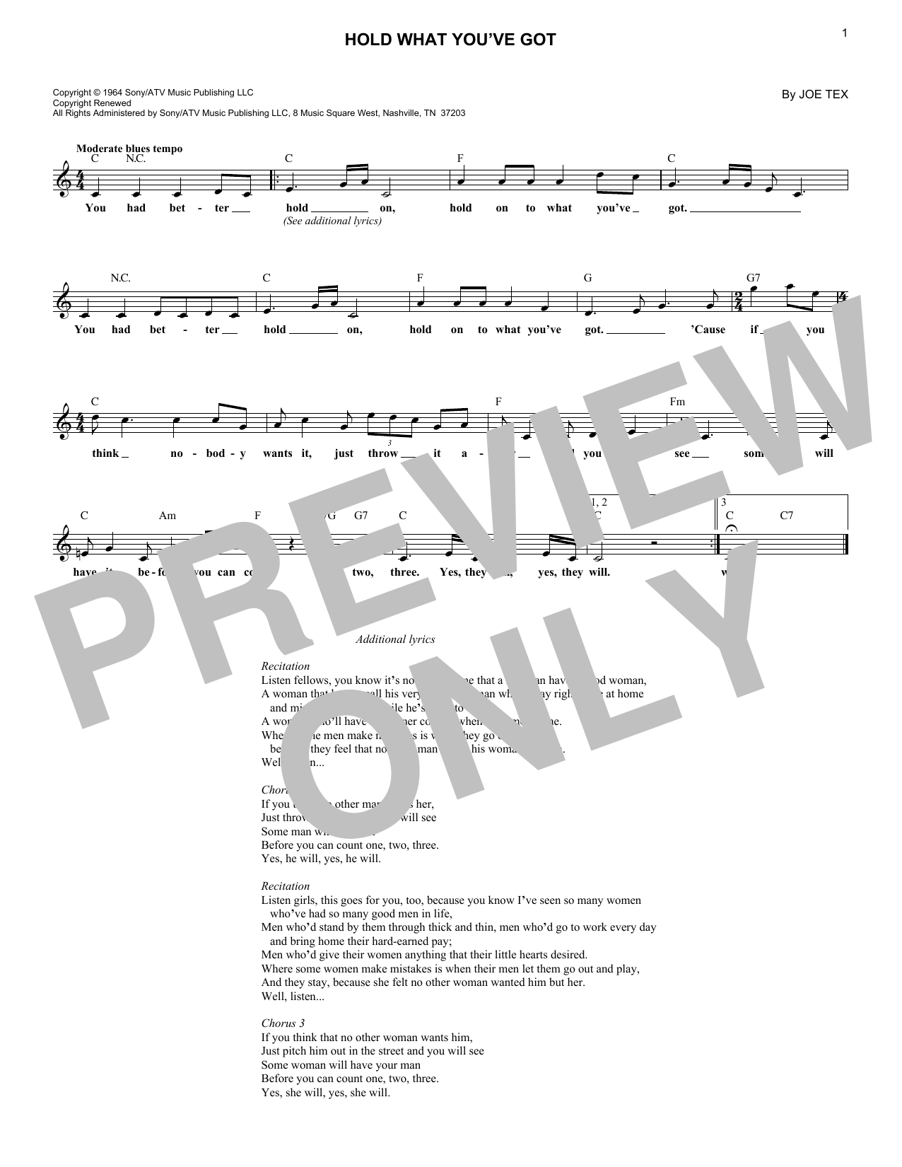 Download Joe Tex Hold What You've Got Sheet Music and learn how to play Melody Line, Lyrics & Chords PDF digital score in minutes