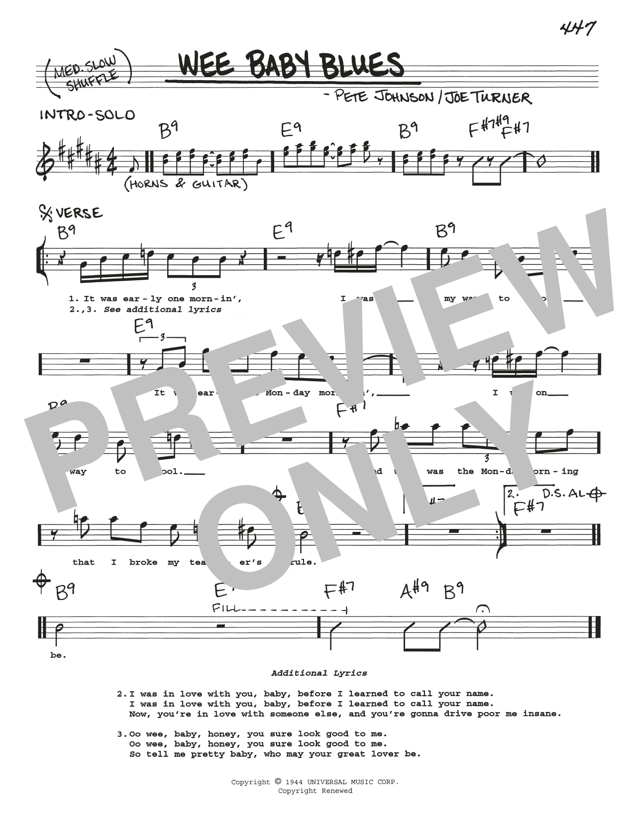 Download Joe Turner Wee Baby Blues Sheet Music and learn how to play Real Book – Melody, Lyrics & Chords PDF digital score in minutes