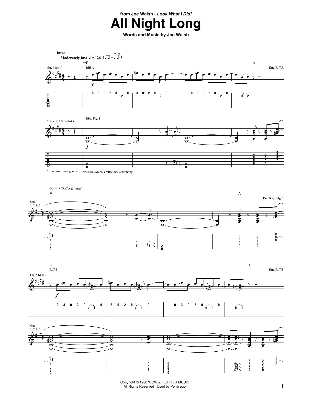 Download Joe Walsh All Night Long Sheet Music and learn how to play Guitar Tab PDF digital score in minutes