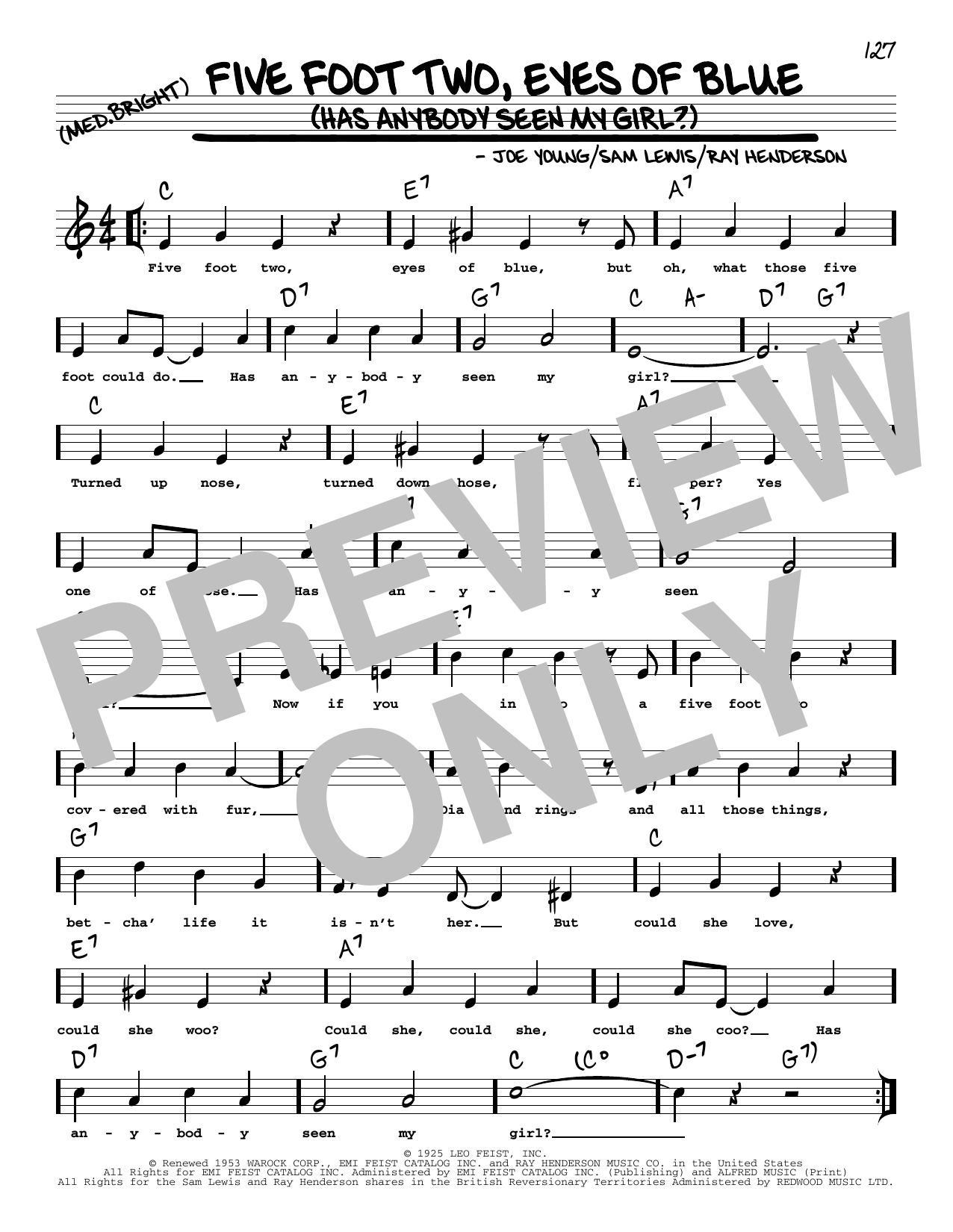 Download Joe Young Five Foot Two, Eyes Of Blue (Has Anybody Seen My Girl?) (arr. Robert Rawlins) Sheet Music and learn how to play Real Book – Melody, Lyrics & Chords PDF digital score in minutes