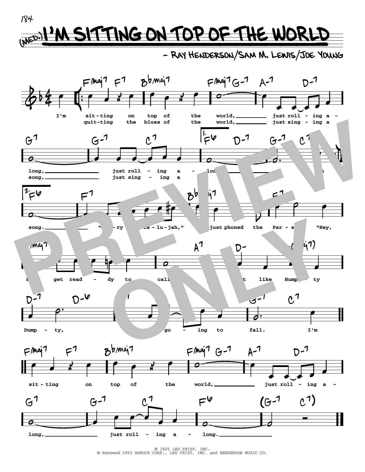 Download Joe Young I'm Sitting On Top Of The World (High Voice) (from The Jolson Story) Sheet Music and learn how to play Real Book – Melody, Lyrics & Chords PDF digital score in minutes