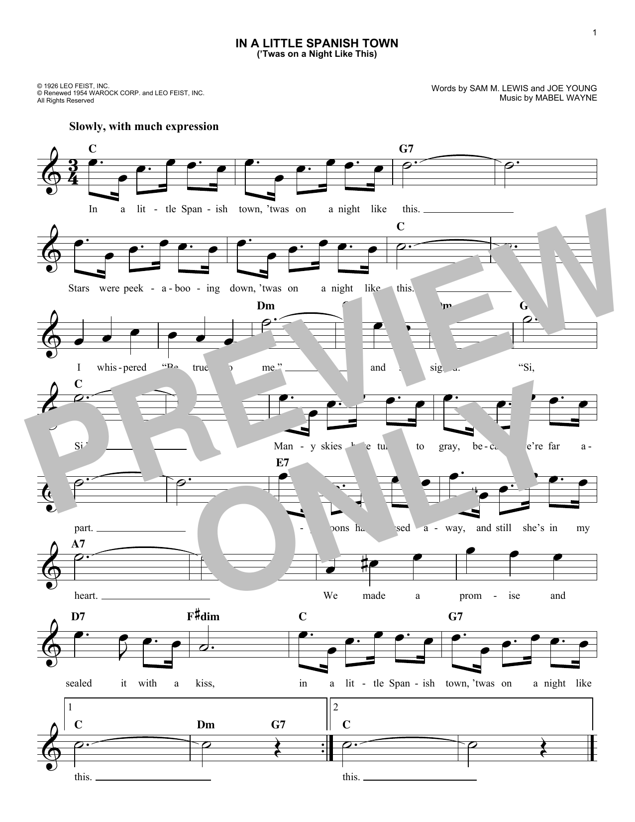 Download Joe Young In A Little Spanish Town ('Twas On A Night Like This) Sheet Music and learn how to play Melody Line, Lyrics & Chords PDF digital score in minutes