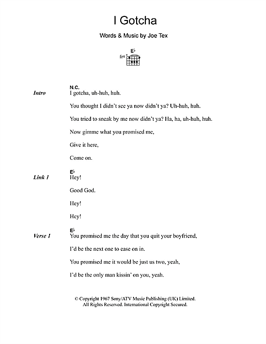 Download Joe Tex I Gotcha Sheet Music and learn how to play Lyrics & Chords PDF digital score in minutes