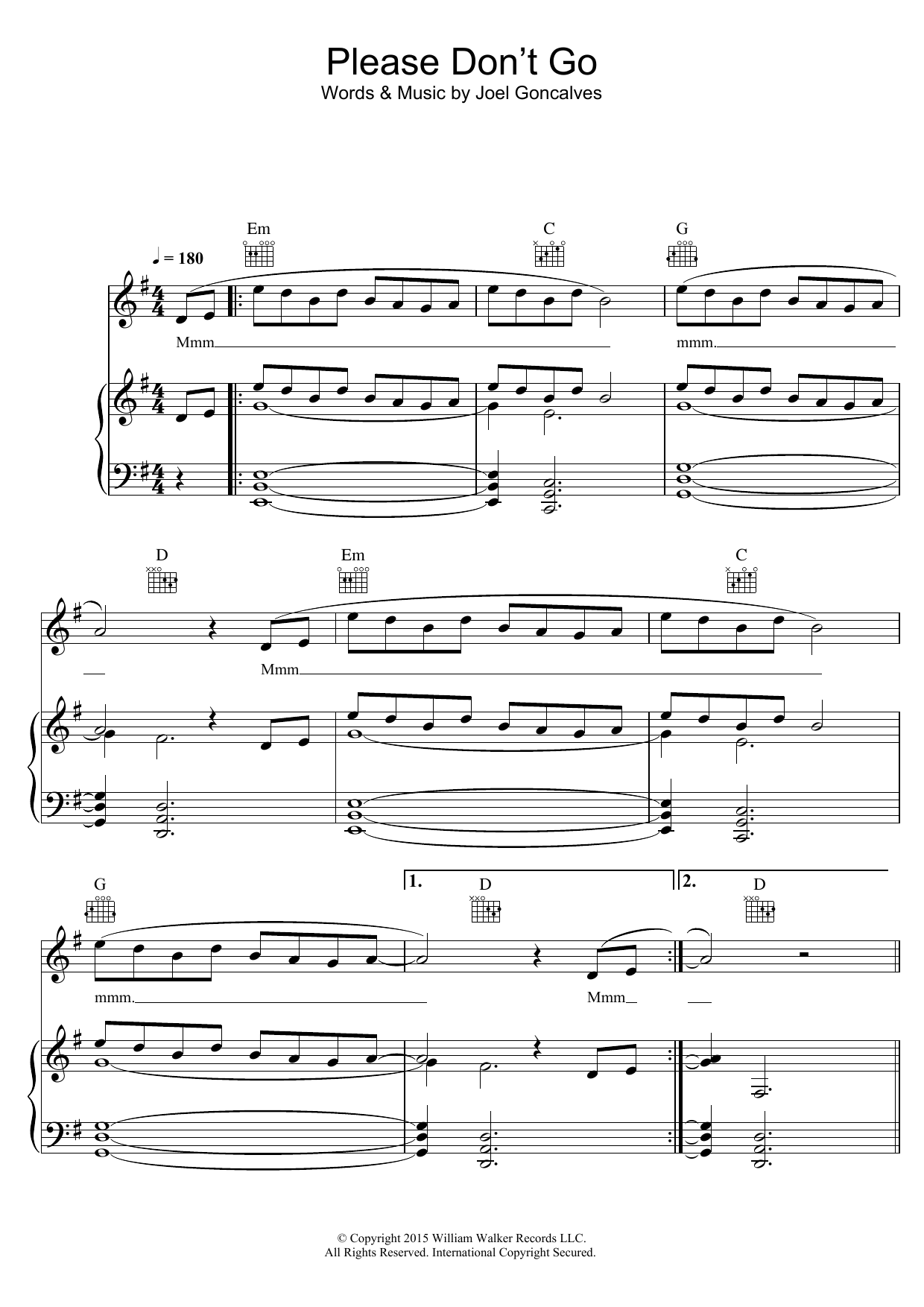 Download Joel Adams Please Don't Go Sheet Music and learn how to play Piano, Vocal & Guitar (Right-Hand Melody) PDF digital score in minutes