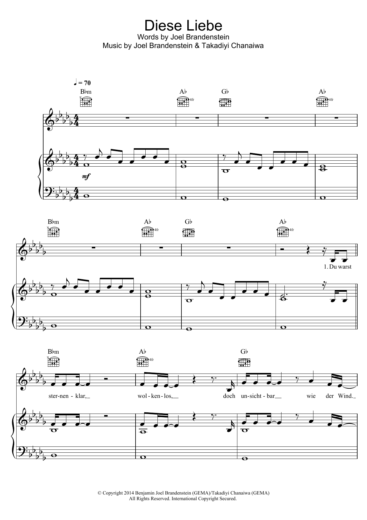 Download Joel Brandenstein Diese Liebe Sheet Music and learn how to play Piano, Vocal & Guitar (Right-Hand Melody) PDF digital score in minutes